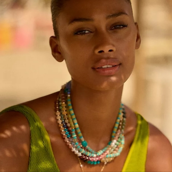 NEW! Anthropologie Rainbow Multicolor Beaded Stones Gold Plated Necklace - Picture 5 of 7